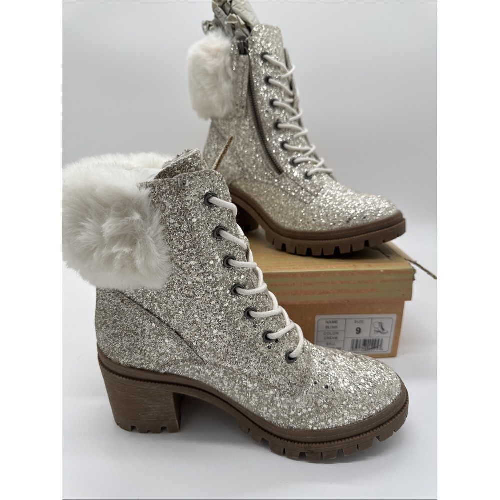 Glitter Sparkle W/ Trim Faux Fur Platform Boots 9 Chunky 90s Y2K Earthy New
